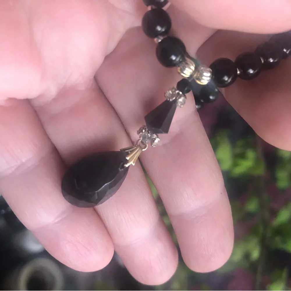 Handcrafted repurpose faceted black crystal pendant Czech glass Pearl necklace